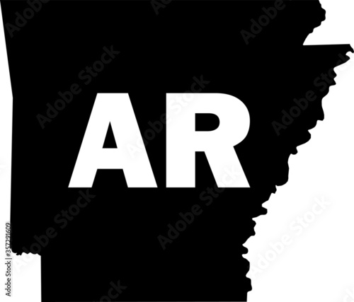 Black and White Silhouette Map of the US Federal State of Arkansas with it's Postal Code Abbreviation