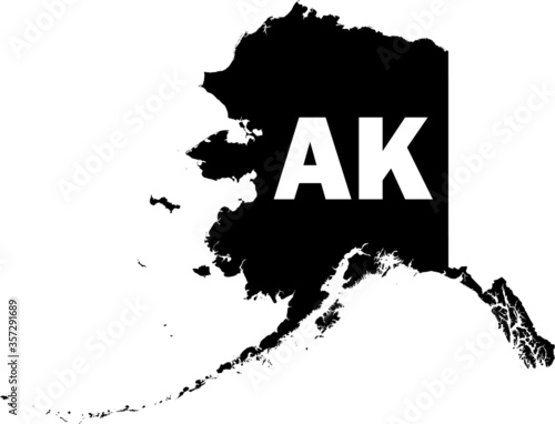 Black and White Silhouette Map of the US Federal State of Alaska with it's Postal Code Abbreviation