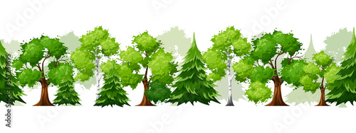 Vector horizontal seamless background with deciduous and coniferous green trees on white.