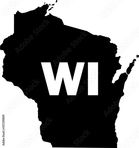 Black and White Silhouette Map of the US Federal State of Wisconsin with it's Postal Code Abbreviation