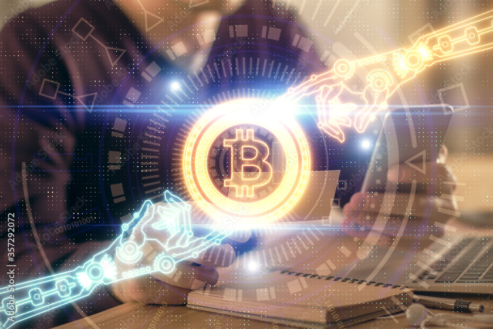 Obraz premium Double exposure of man's hands holding and using a phone and crypto currency blockchain theme drawing.