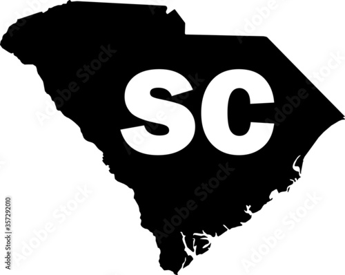 Black and White Silhouette Map of the US Federal State of South Carolina with it's Postal Code Abbreviation