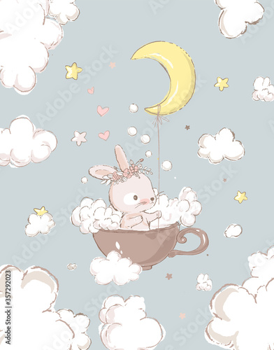 Cute bunny girl with the wreath on the head take baths in a cup. Moon, foam and clouds on the background. Can be used for baby t-shirt, fashion print design, kids wear, baby shower, greeting card. © FoxyImage