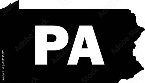 Black and White Silhouette Map of the US Commonwealth of Pennsylvania with it's Postal Code Abbreviation