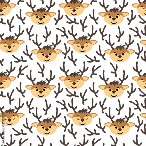 Seamless pattern with cute deer heads and antlers on a white background. Wild forest animals. Stock vector illustration for fabrics, bedding and baby linen, wrapping paper, wallpaper and other decor  © Galina Pislar