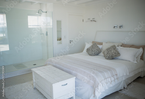 Bed, shower and trunk in modern bedroom photo