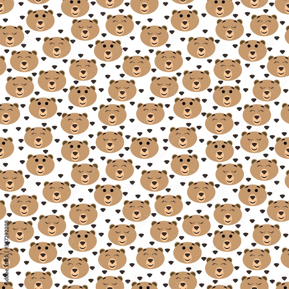 Seamless pattern with heads of cute bears on a white background. Wild forest animals. Stock vector illustration for fabrics, bedding and baby linen, wrapping paper, wallpaper and other decor