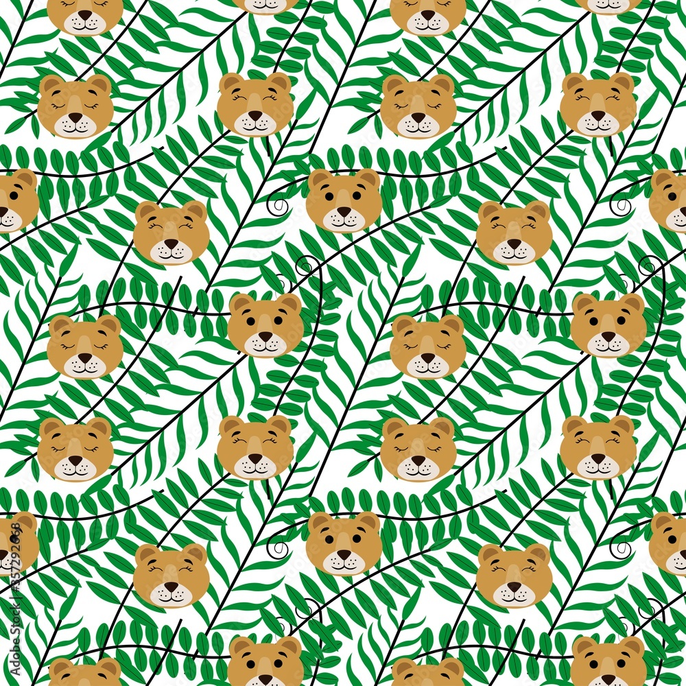 Naklejka premium Seamless pattern with heads of cute lionesses and green leaves on a white background. Stock vector illustration for fabrics, bedding and baby linen, wrapping paper, wallpaper and other decor and desig