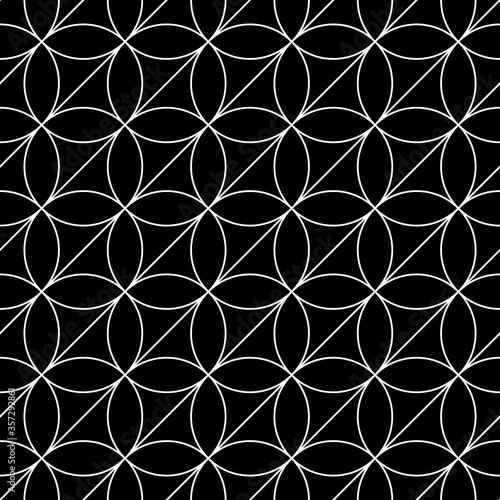 Black figures tessellation on white background. Image with ovals and triangular blocks. Ethnic tiles motif. Seamless surface pattern design with circular ornament. Mosaic pavement wallpaper. Vector.