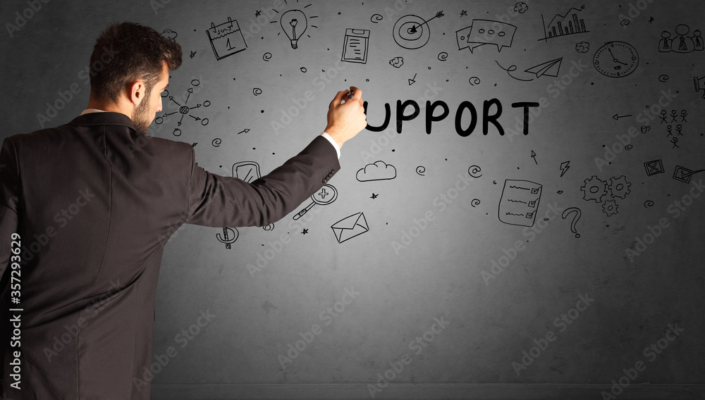 businessman drawing a creative idea sketch with SUPPORT inscription, business strategy concept businessman drawing a creative idea sketch with SUPPORT inscription, business strategy concept
