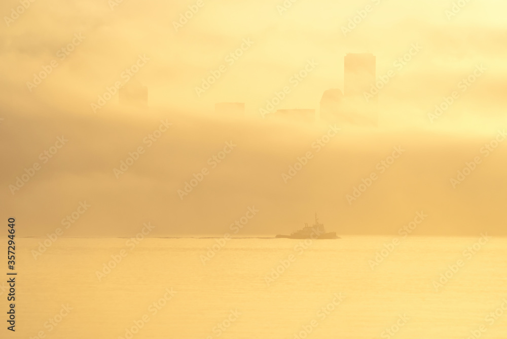 Silhouette of tugboat and fog over city skyline