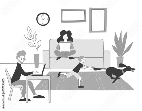 The concept of work from home. Freelancers are working with laptops while a child plays with a pet. Family: mom dad baby and dog. 
