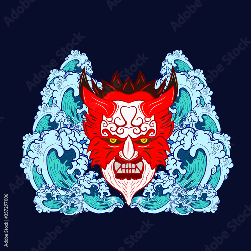demon mask illustration design for sukajan is mean japan traditional cloth or t-shirt with digital hand drawn Embroidery Men T-shirts Summer Casual Short Sleeve Hip Hop T Shirt Streetwear