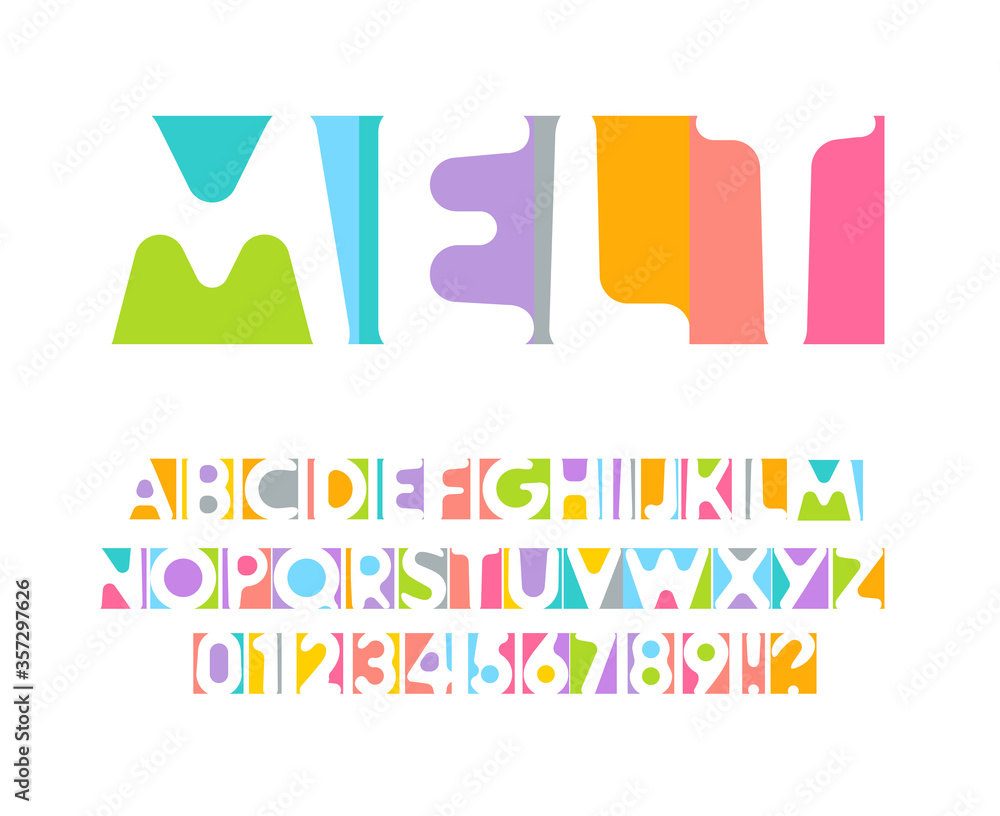 Plakat Colorful letters and numbers set. Colored vector latin alphabet. Rainbow color font. Color paper applique ABC, negative space monogram and poster template. Typography design.