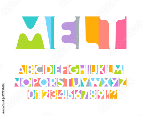 Colorful letters and numbers set. Colored vector latin alphabet. Rainbow color font. Color paper applique ABC, negative space monogram and poster template. Typography design.