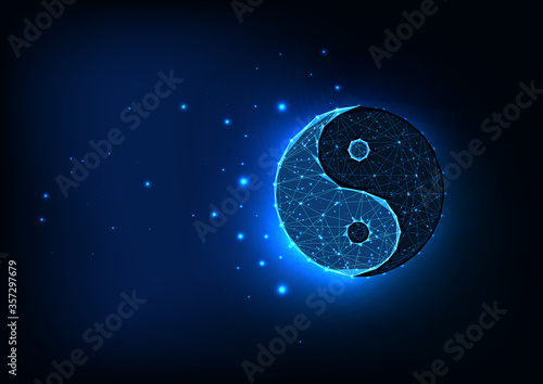 Futuristic glowing low polygonal yin yang symbol isolated on dark blue space background.