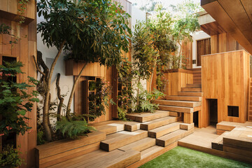 Wooden steps in courtyard