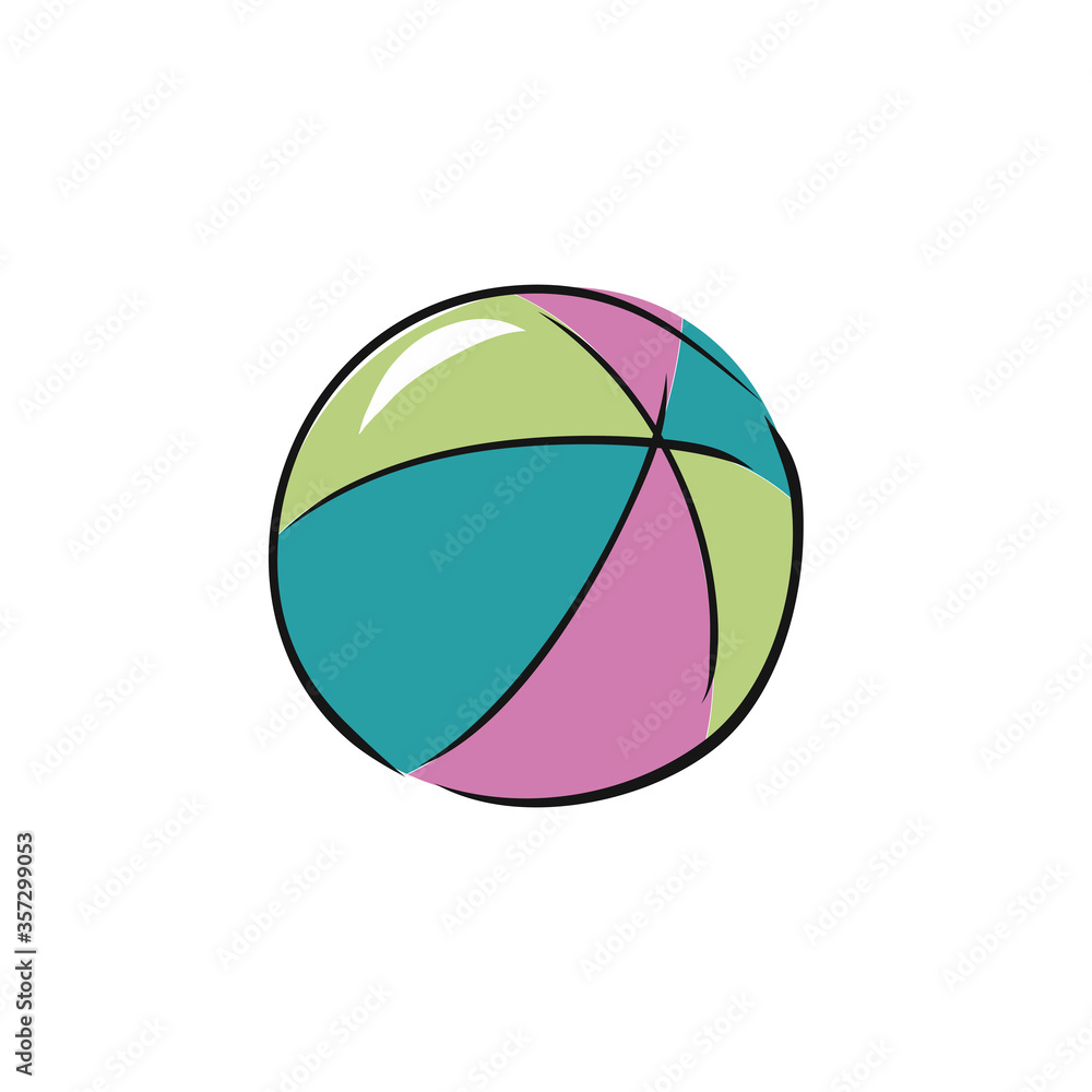 Rainbow colored inflated beach ball, sketch style vector illustration. Hand drawn colorful beach toy, symbol of summer vacation in tropical countries.