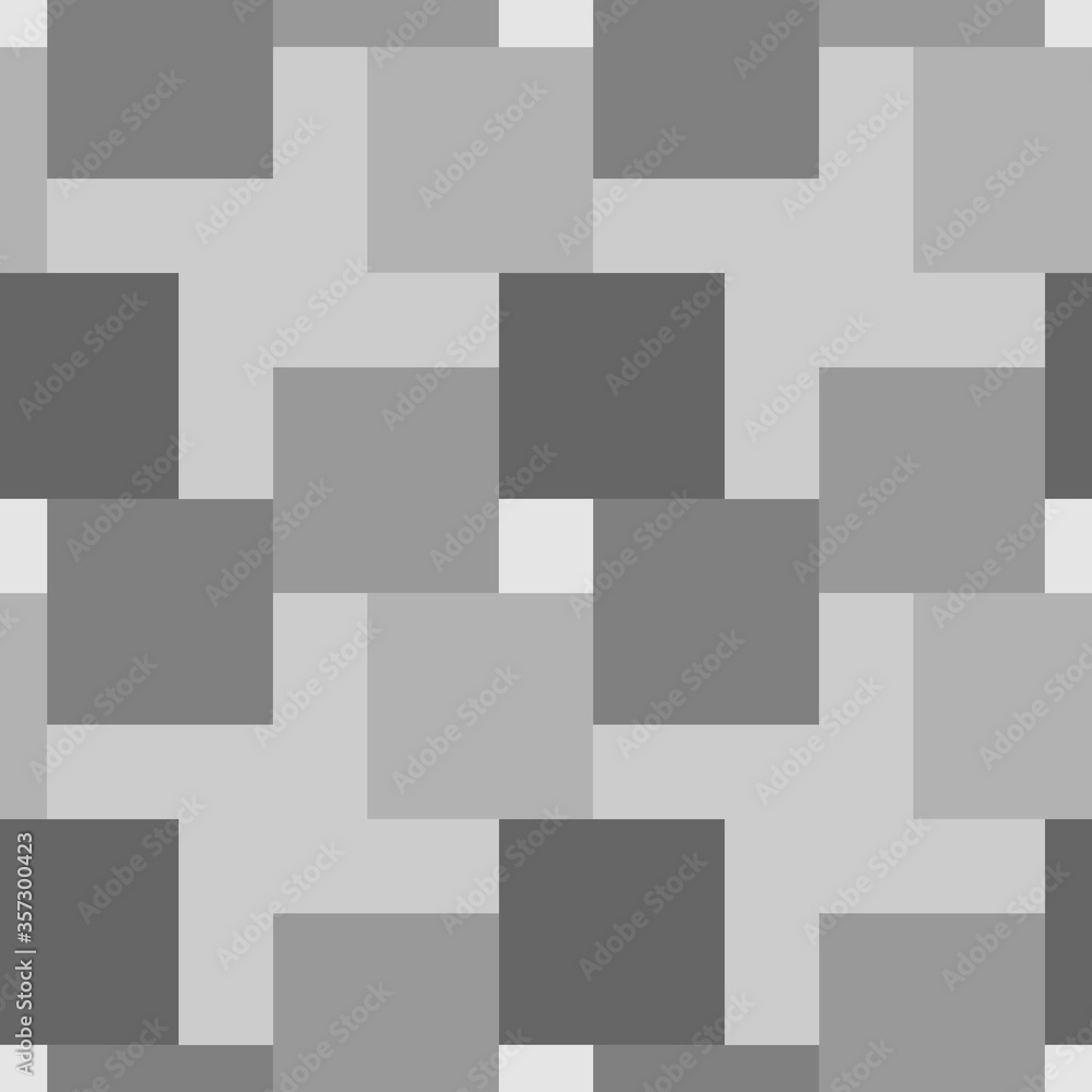 Repeated grey figures on white background. Blocks wallpaper. Seamless surface pattern design with polygons. Mosaic tiles motif. Digital paper for page fills, web designing. Parquet vector