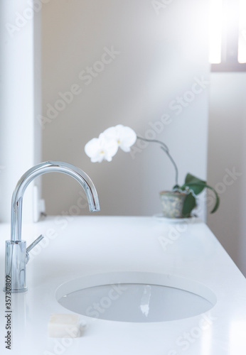 Sink  counter  bar of soap and flower in modern bathroom