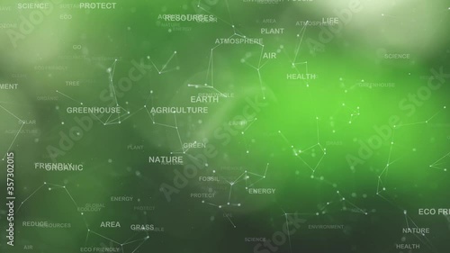 Magic nature bokeh with Conceptual ecology word cloud animation. Green clean environment copy space background.
