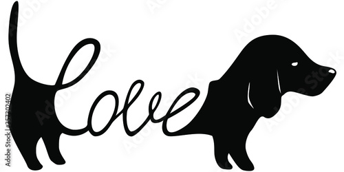 Dachshund illustration with word love inside, dog lover sign isolated black on white, cute print for t-shirts and dog clothes