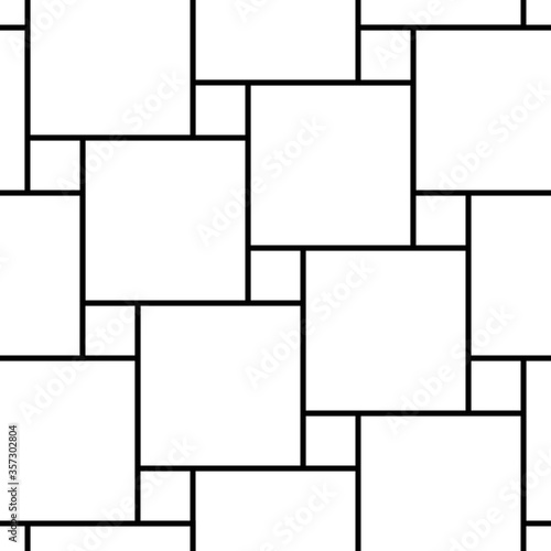 Pythagorean tiling. Seamless surface pattern design with flooring ornament. Squares tessellation vector. Repeated white checks on black background. Mosaic motif. Parquet wallpaper. Digital paper art.