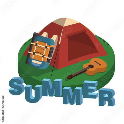 Tent, big travel backpack and guitar in clearing. Summer illustration about hiking and camping.
