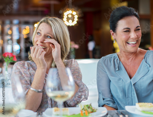 Women laughing at table in restaurant