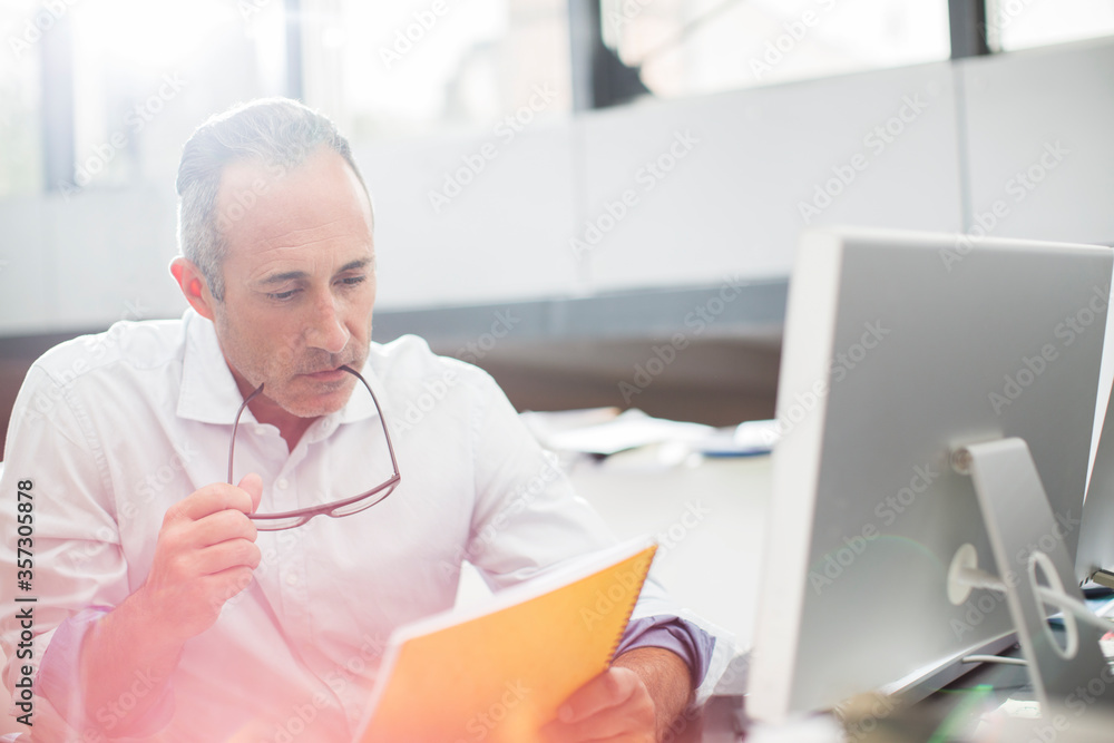 Businessman reading paperwork at office desk Businessman reading paperwork at office desk