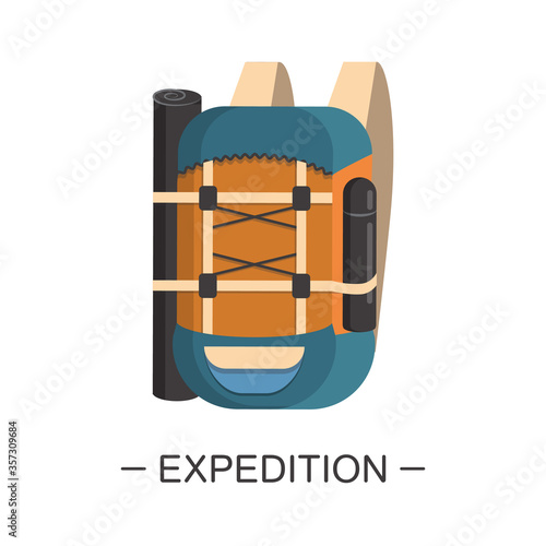 Large hiking backpack in cartoon vector style. Tourist rucksack with camping mat and thermos. Isolated isometric 3D icon on white background. Summer activities outdoor. Illustration of hiking bag