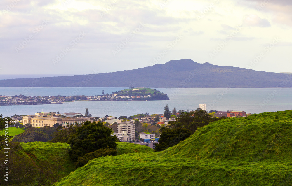 Panoramic View from Mt Eden Crater looking to Rangitoto Island & Volcano, Auckland New Zealand