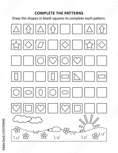Educational math activity sheet and coloring page for kids to learn and practice basic skills of recognising patterns and shapes
