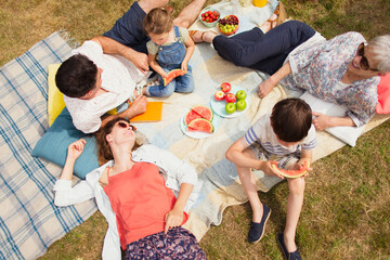Overhead view multi-generation family enjoying summer picnic