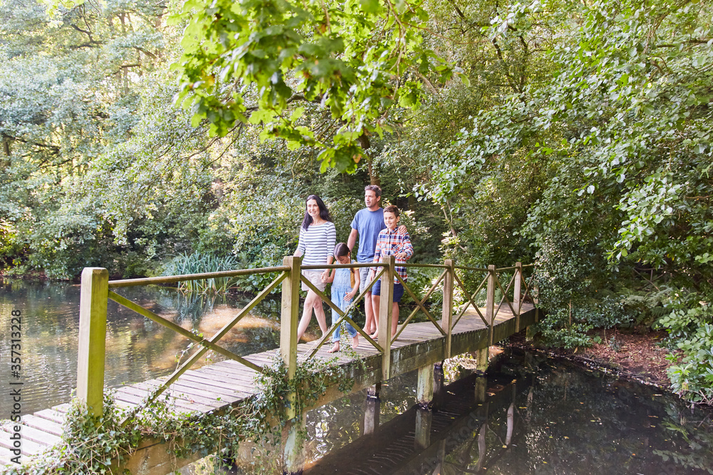 Family crossing footbridge in park with trees
