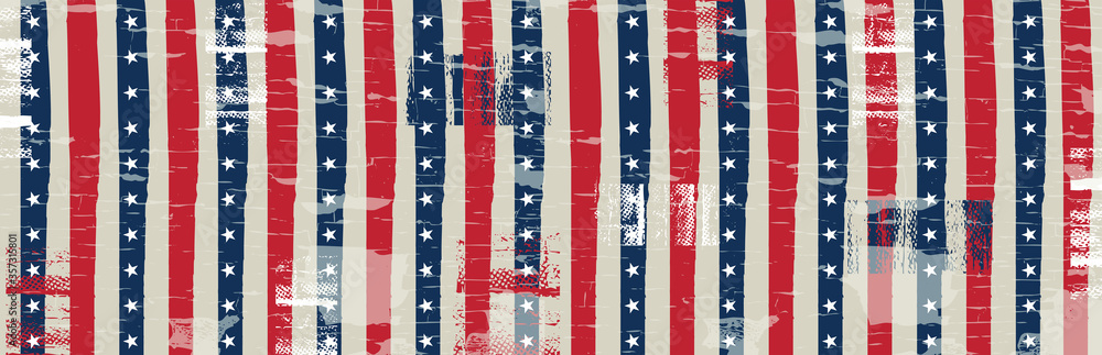 Obraz premium Banner with grunge USA background with stars and striped lines. Decorative American banner suitable for background, headers, posters, cards, website. Vector illustration