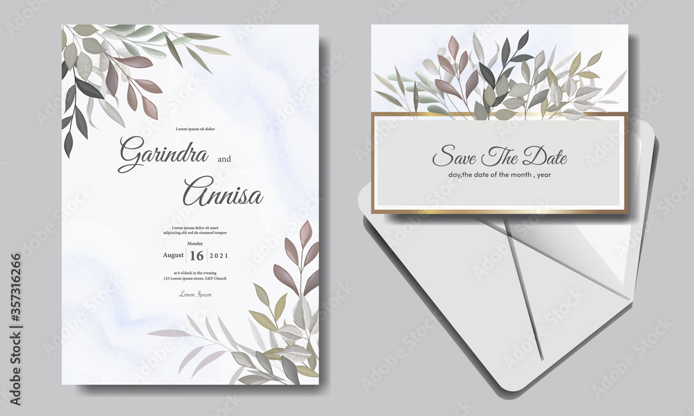  Elegant wedding invitation card with beautiful floral and leaves template Premium Vector