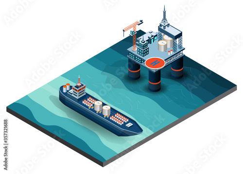 Oil and Gas refinery concept 3d isometric with offshore oil rig, tanker, Pump, Transportation,
 factory and gas station. Vector illustration. 