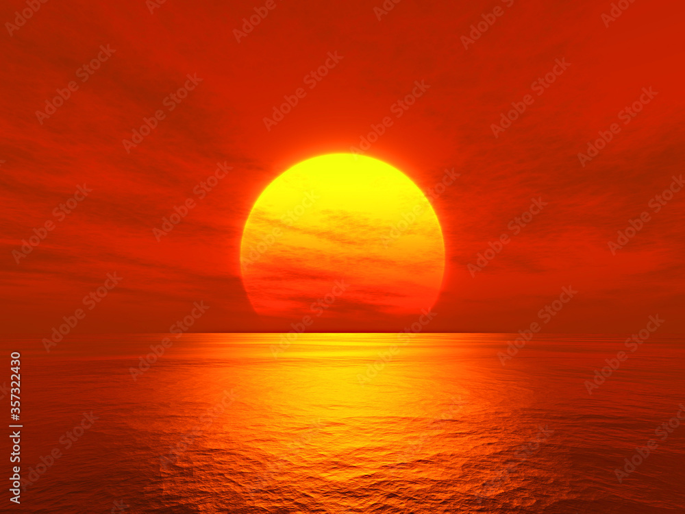 light sunset orange sun calm orange sea with sun through nature horizon over the water with a cloudy sky.