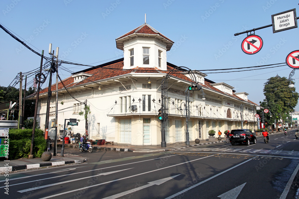 Jalan Asia Afrika in downtown Bandung City, West Java, Indonesia with lots of old Dutch colonial buildings.