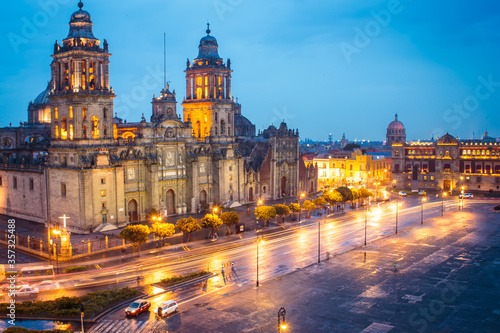 Metropolitan Cathedral and President's Palace in Zocalo, Center of Mexico City Mexico Sunrise night