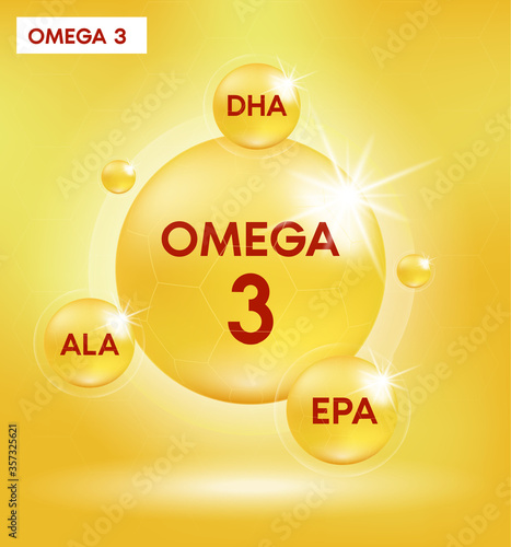 Omega 3 Nutrients and Vitamin drop pill capsule. Shining golden essence droplet. Beauty treatment nutrition skin care design. Vector illustration.
