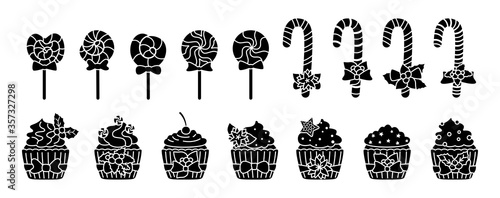 Christmas sweets, candy and cupcake silhouette set. Tasty holiday black glyph flat cartoon sweets. Lollipop cane caramel, sugar cake cream. New year food, decorated holly. Isolated vector illustration