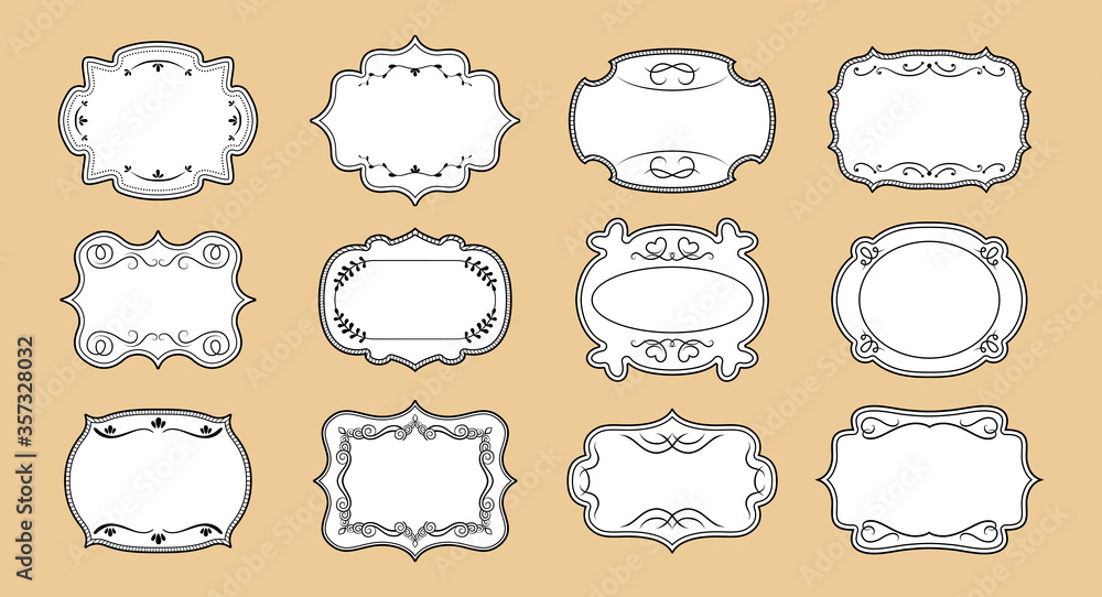 Label ornamental blank frames set. Craft elegant royal ornate sticker tag. Decorative vintage empty curly frame collection. Divider curl and swirl calligraphic elements. Isolated vector illustration