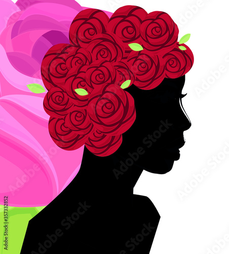 Black Woman head silhouette, face profile, vignette. Hand drawn vector illustration, isolated on red background. Design for invitation, greeting card, vintage style © Luciana