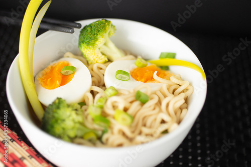 Vegetarian Noodles meatless with green broccoli and egg