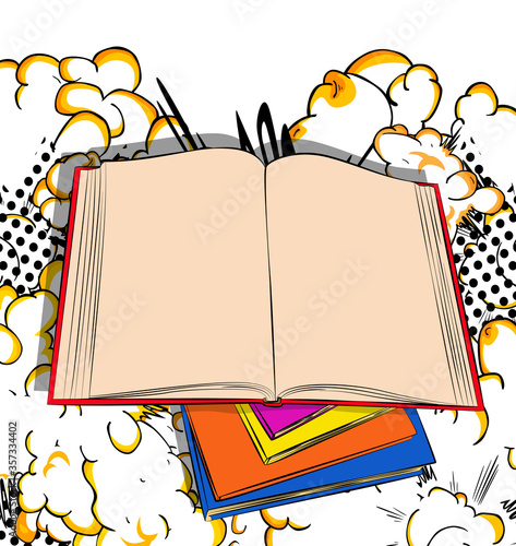 Close up illustration of opened textbook with blank pages, placed on other closed books - comic book style, cartoon vector illustrated.