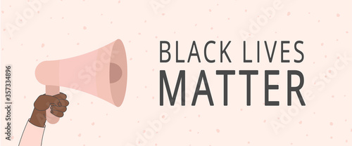 speak into a loudspeaker, black lives matter. Vector illustration in flat cartoon style on isolated background.  megaphone speaker and shouting slogan,afro, stop racism,billboard, signboard, board