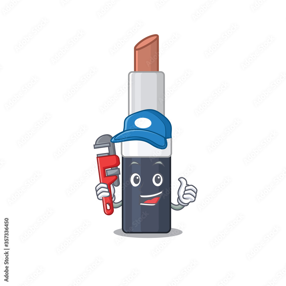 cartoon character design of brown lipstick as a Plumber with tool