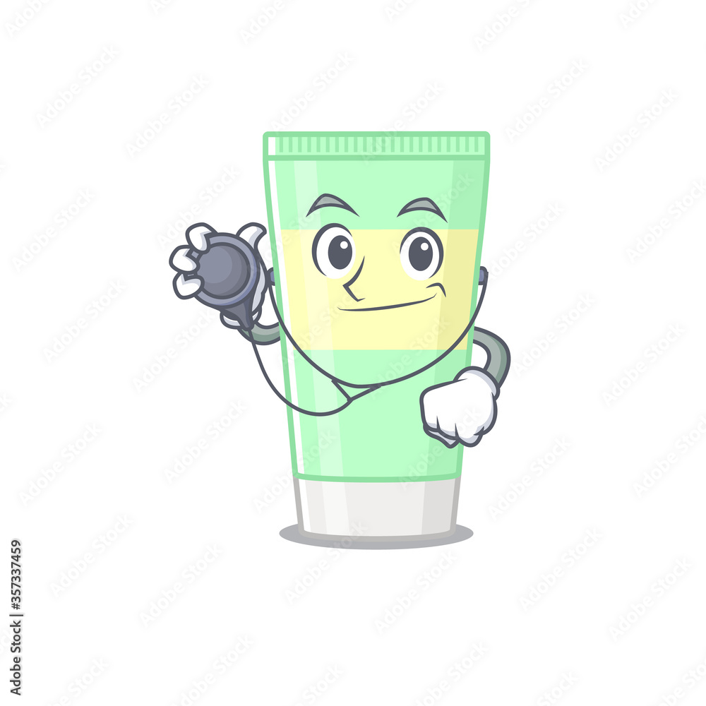 Smiley doctor cartoon character of cleansing foam with tools
